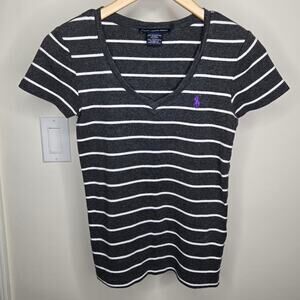 RALPH LAUREN SPORT Dark Heather Grey and White Striped Vneck Short Sleeve Size M